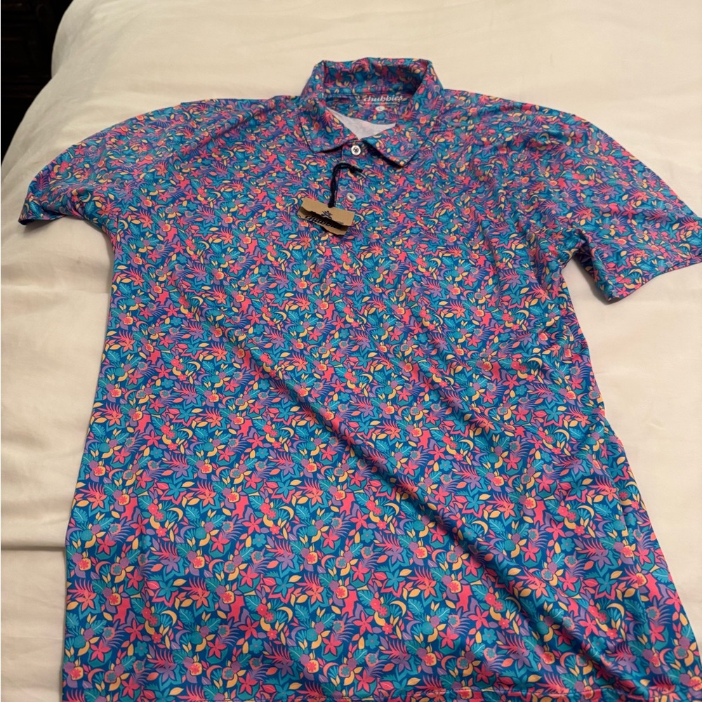 Chubbies Vibrant Blue and Pink Floral Polo